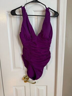 Womens Purple Miraclesuit One-Piece Swimsuit with V-Neck and Ruched Sides